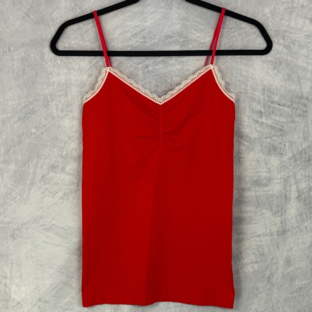VTG Y2K VICTORIAS SECRET Red Lace Trim Cami Tank Top sz L Stretch Indie Coquerre